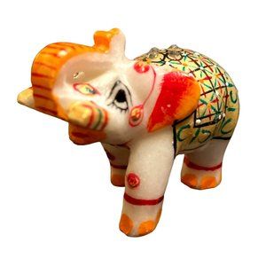 Elephant Trunk Up Hand Carved White Marble Hand Painted India Statue Figurine